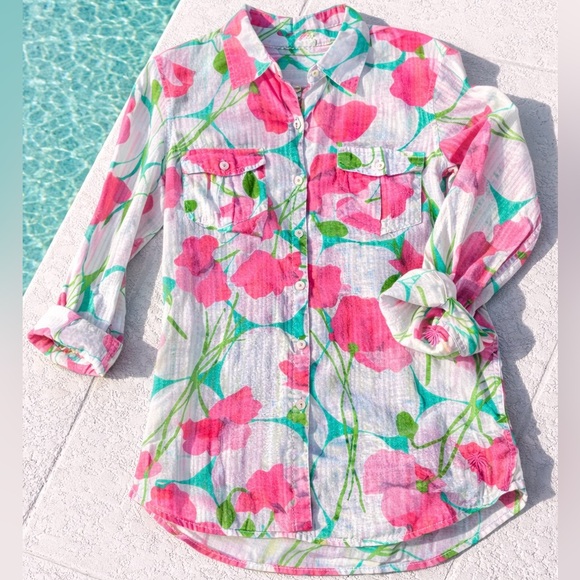 Lilly Pulitzer Tops - Lilly Pulitzer Eliot Floral Resort Fit Shirt XS Metallic Stripe Cotton